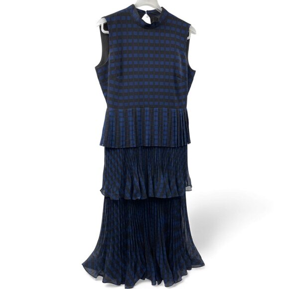 Club Monaco Pleated Tiered Blue Tartan Plaid Maxi Midi Dress Women's Size 4 - Picture 13 of 13